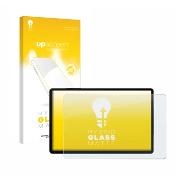 Vorderseite einer Produktverpackung mit dem Markenlogo upscreen. Daneben ist das Gerät Samsung Galaxy Tab S9 WiFi mit dem zuge