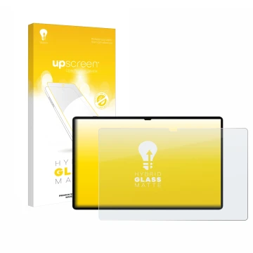 Vorderseite einer Produktverpackung mit dem Markenlogo upscreen. Daneben ist das Gerät Samsung Galaxy Tab S9 Ultra WiFi mit de