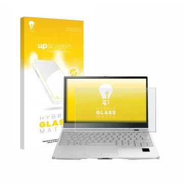 Vorderseite einer Produktverpackung mit dem Markenlogo upscreen. Daneben ist das Gerät Fujitsu Lifebook U9313X mit dem zugehör