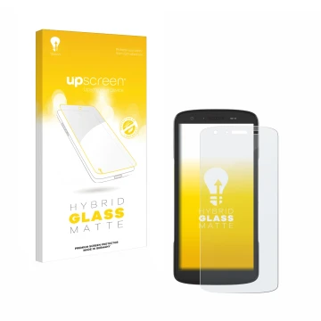 Vorderseite einer Produktverpackung mit dem Markenlogo upscreen. Daneben ist das Gerät Zebra TC27 mit dem zugehörigen Displays