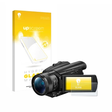 Vorderseite einer Produktverpackung mit dem Markenlogo upscreen. Daneben ist das Gerät Sony FDR-AX700 mit dem zugehörigen Disp