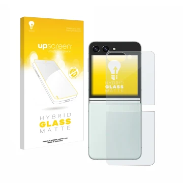 Vorderseite einer Produktverpackung mit dem Markenlogo upscreen. Daneben ist das Gerät Samsung Galaxy Z Flip 5 (Rückseite) mit