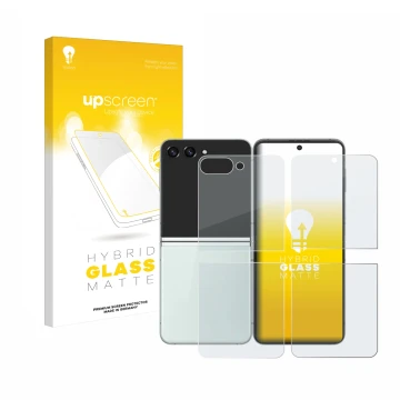 Vorderseite einer Produktverpackung mit dem Markenlogo upscreen. Daneben ist das Gerät Samsung Galaxy Z Flip 5 (Display+Rückse