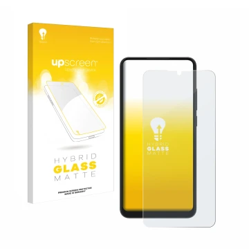 Vorderseite einer Produktverpackung mit dem Markenlogo upscreen. Daneben ist das Gerät ZTE Blade A52 mit dem zugehörigen Displ