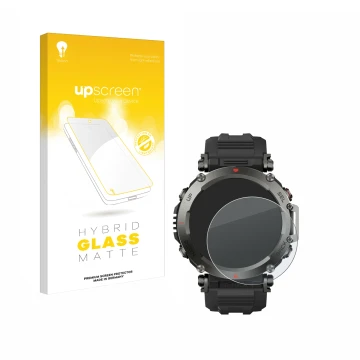 Vorderseite einer Produktverpackung mit dem Markenlogo upscreen. Daneben ist das Gerät Huami Amazfit T-Rex Ultra mit dem zugeh