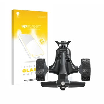 Vorderseite einer Produktverpackung mit dem Markenlogo upscreen. Daneben ist das Gerät Motocaddy M7 GPS Electric Trolley mit d