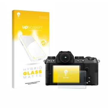 Vorderseite einer Produktverpackung mit dem Markenlogo upscreen. Daneben ist das Gerät Fujifilm X-S20 mit dem zugehörigen Disp