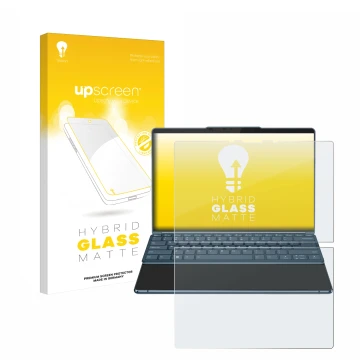 Vorderseite einer Produktverpackung mit dem Markenlogo upscreen. Daneben ist das Gerät Lenovo Yoga Book 9i Gen 8 mit dem zugeh