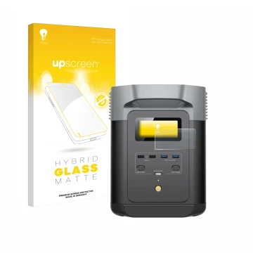 Vorderseite einer Produktverpackung mit dem Markenlogo upscreen. Daneben ist das Gerät EcoFlow DELTA 2 mit dem zugehörigen Dis