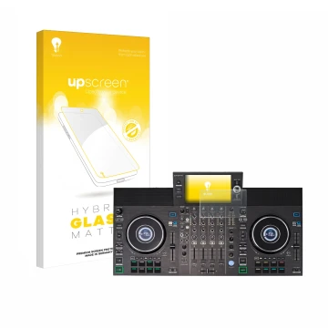Vorderseite einer Produktverpackung mit dem Markenlogo upscreen. Daneben ist das Gerät Denon DJ SC LIVE 4 mit dem zugehörigen 