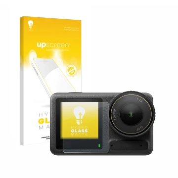Vorderseite einer Produktverpackung mit dem Markenlogo upscreen. Daneben ist das Gerät DJI Osmo Action 4 (Vorderes Display) mi