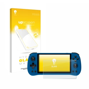 Vorderseite einer Produktverpackung mit dem Markenlogo upscreen. Daneben ist das Gerät Powkiddy X55 mit dem zugehörigen Displa