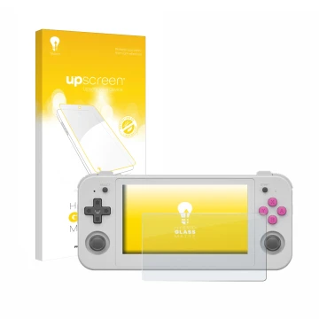 Vorderseite einer Produktverpackung mit dem Markenlogo upscreen. Daneben ist das Gerät Anbernic RG505 mit dem zugehörigen Disp