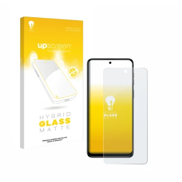 Vorderseite einer Produktverpackung mit dem Markenlogo upscreen. Daneben ist das Gerät Motorola Moto G54 mit dem zugehörigen D
