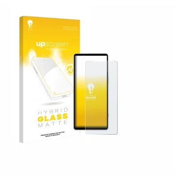 Vorderseite einer Produktverpackung mit dem Markenlogo upscreen. Daneben ist das Gerät Sony Xperia 5 V mit dem zugehörigen Dis