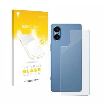 Vorderseite einer Produktverpackung mit dem Markenlogo upscreen. Daneben ist das Gerät Sony Xperia 5 V (Rückseite) mit dem zug