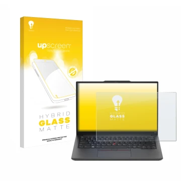 Vorderseite einer Produktverpackung mit dem Markenlogo upscreen. Daneben ist das Gerät Lenovo ThinkPad E14 Gen 5 mit dem zugeh