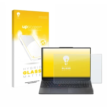 Vorderseite einer Produktverpackung mit dem Markenlogo upscreen. Daneben ist das Gerät Lenovo ThinkPad E16 Gen 1 mit dem zugeh