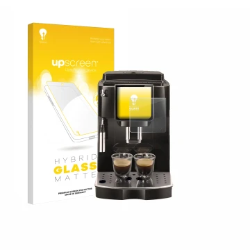 Vorderseite einer Produktverpackung mit dem Markenlogo upscreen. Daneben ist das Gerät DeLonghi Magnifica Start ECAM222.60 mit