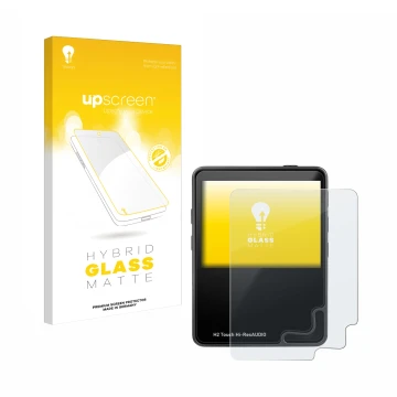 Vorderseite einer Produktverpackung mit dem Markenlogo upscreen. Daneben ist das Gerät HifiWalker H2 touch mit dem zugehörigen