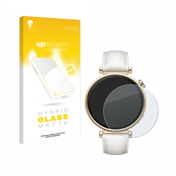 Vorderseite einer Produktverpackung mit dem Markenlogo upscreen. Daneben ist das Gerät Huawei Watch GT 4 (41mm) mit dem zugehö