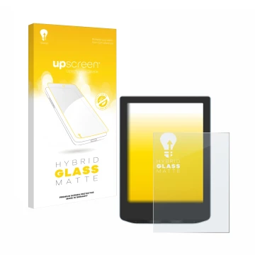 Vorderseite einer Produktverpackung mit dem Markenlogo upscreen. Daneben ist das Gerät PocketBook Verse mit dem zugehörigen Di