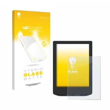 Vorderseite einer Produktverpackung mit dem Markenlogo upscreen. Daneben ist das Gerät PocketBook Verse Pro mit dem zugehörige