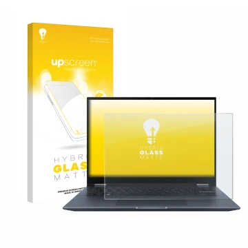 Vorderseite einer Produktverpackung mit dem Markenlogo upscreen. Daneben ist das Gerät ASUS Vivobook S 14 Flip TP3402 mit dem 