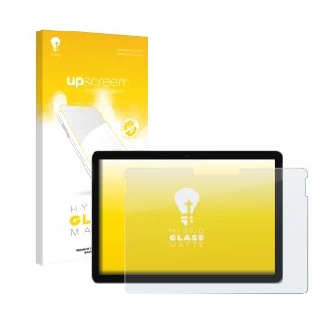 Vorderseite einer Produktverpackung mit dem Markenlogo upscreen. Daneben ist das Gerät Microsoft Surface Go 4 mit dem zugehöri