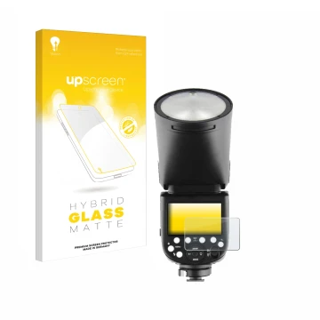 Vorderseite einer Produktverpackung mit dem Markenlogo upscreen. Daneben ist das Gerät Godox V1 mit dem zugehörigen Displaysch