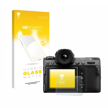 Vorderseite einer Produktverpackung mit dem Markenlogo upscreen. Daneben ist das Gerät Fujifilm GFX100 II mit dem zugehörigen 