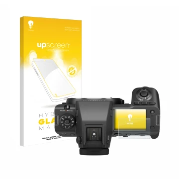 Vorderseite einer Produktverpackung mit dem Markenlogo upscreen. Daneben ist das Gerät Fujifilm GFX100 II (Schulterdisplay) mi