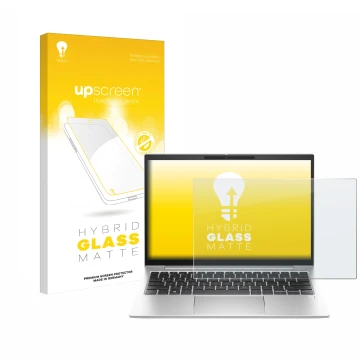 Vorderseite einer Produktverpackung mit dem Markenlogo upscreen. Daneben ist das Gerät HP EliteBook 830 G10 Laptop-PC mit dem 