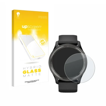 Vorderseite einer Produktverpackung mit dem Markenlogo upscreen. Daneben ist das Gerät Garmin Vivomove Trend mit dem zugehörig