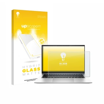 Vorderseite einer Produktverpackung mit dem Markenlogo upscreen. Daneben ist das Gerät HP EliteBook 845 G10 mit dem zugehörige