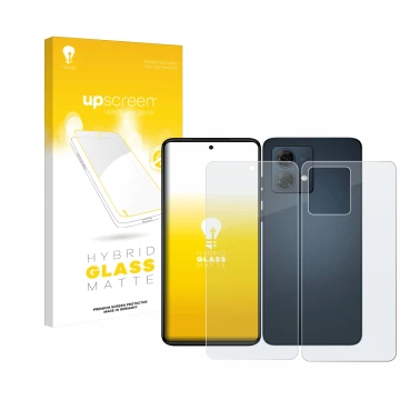 Vorderseite einer Produktverpackung mit dem Markenlogo upscreen. Daneben ist das Gerät Motorola Moto G84 (Display+Rückseite) m