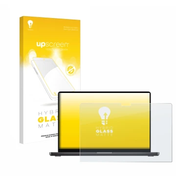 Vorderseite einer Produktverpackung mit dem Markenlogo upscreen. Daneben ist das Gerät Apple MacBook Pro 16