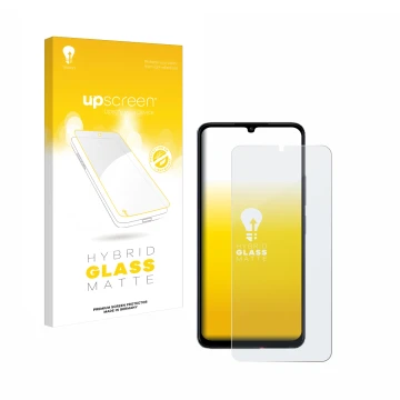 Vorderseite einer Produktverpackung mit dem Markenlogo upscreen. Daneben ist das Gerät Xiaomi Poco C65 mit dem zugehörigen Dis
