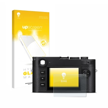 Vorderseite einer Produktverpackung mit dem Markenlogo upscreen. Daneben ist das Gerät Leica M11-P mit dem zugehörigen Display