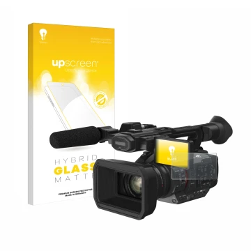 Vorderseite einer Produktverpackung mit dem Markenlogo upscreen. Daneben ist das Gerät Panasonic HC-X2 mit dem zugehörigen Dis