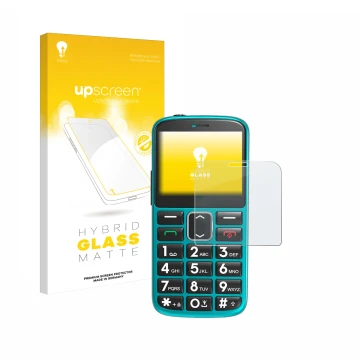 Vorderseite einer Produktverpackung mit dem Markenlogo upscreen. Daneben ist das Gerät Uleway Seniorenhandy mit dem zugehörige