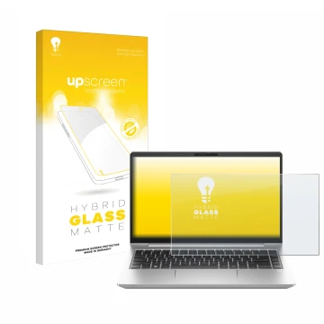 Vorderseite einer Produktverpackung mit dem Markenlogo upscreen. Daneben ist das Gerät HP ProBook 445 G10 mit dem zugehörigen 