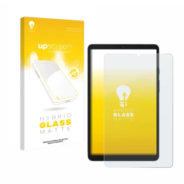 Vorderseite einer Produktverpackung mit dem Markenlogo upscreen. Daneben ist das Gerät Samsung Galaxy Tab A9 LTE mit dem zugeh