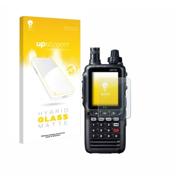 Vorderseite einer Produktverpackung mit dem Markenlogo upscreen. Daneben ist das Gerät Yaesu FTA-850L mit dem zugehörigen Disp