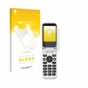 Vorderseite einer Produktverpackung mit dem Markenlogo upscreen. Daneben ist das Gerät Doro 6820 mit dem zugehörigen Displaysc