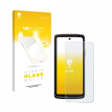 Vorderseite einer Produktverpackung mit dem Markenlogo upscreen. Daneben ist das Gerät Crosscall Stellar X5 mit dem zugehörige