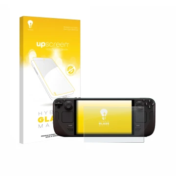 Vorderseite einer Produktverpackung mit dem Markenlogo upscreen. Daneben ist das Gerät Valve Steam Deck OLED mit dem zugehörig