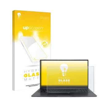 Vorderseite einer Produktverpackung mit dem Markenlogo upscreen. Daneben ist das Gerät ASUS Vivobook 15 OLED mit dem zugehörig