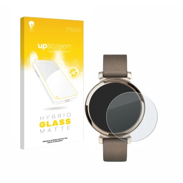 Vorderseite einer Produktverpackung mit dem Markenlogo upscreen. Daneben ist das Gerät Garmin Lily 2 mit dem zugehörigen Displ