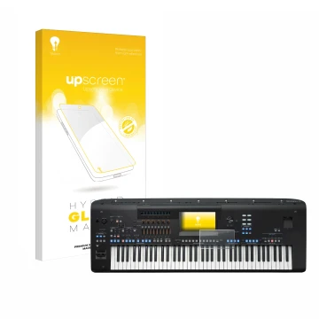 Vorderseite einer Produktverpackung mit dem Markenlogo upscreen. Daneben ist das Gerät Yamaha Genos2 mit dem zugehörigen Displ